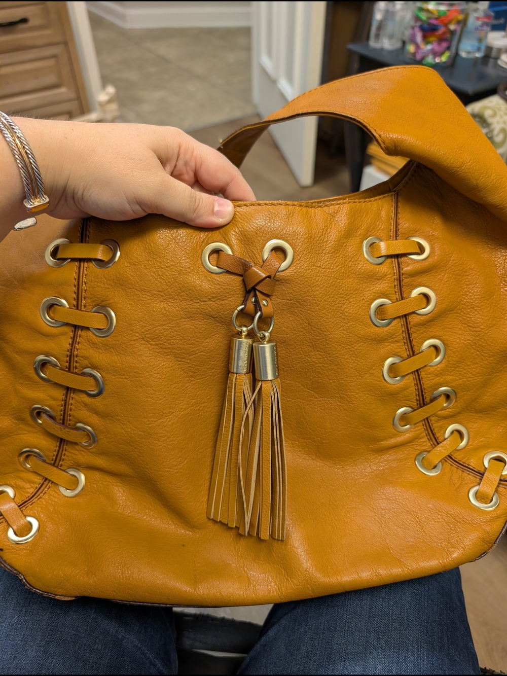 Michael Kors Mustard Tan Leather Shoulder Hobo with Tassel Detail